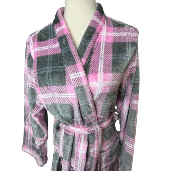 PJ Couture Pink Gray & White Plaid extra Soft wrap Robe with pockets size s/M - Picture 3 of 11